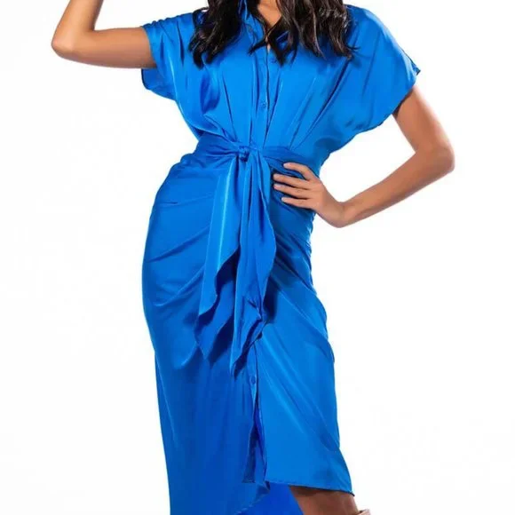 Elaine Out of the Blue: Satin Tie Front Dress Large - Picture 2 of 7